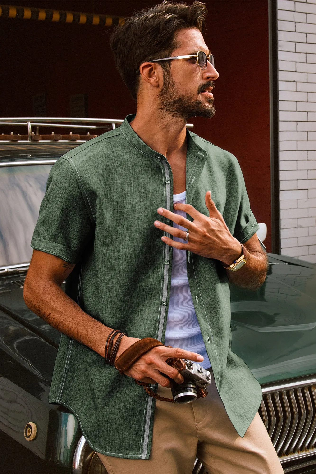 Men Stand Collar Shirt Casual Short Sleeve Curved Hem Button-up Tops