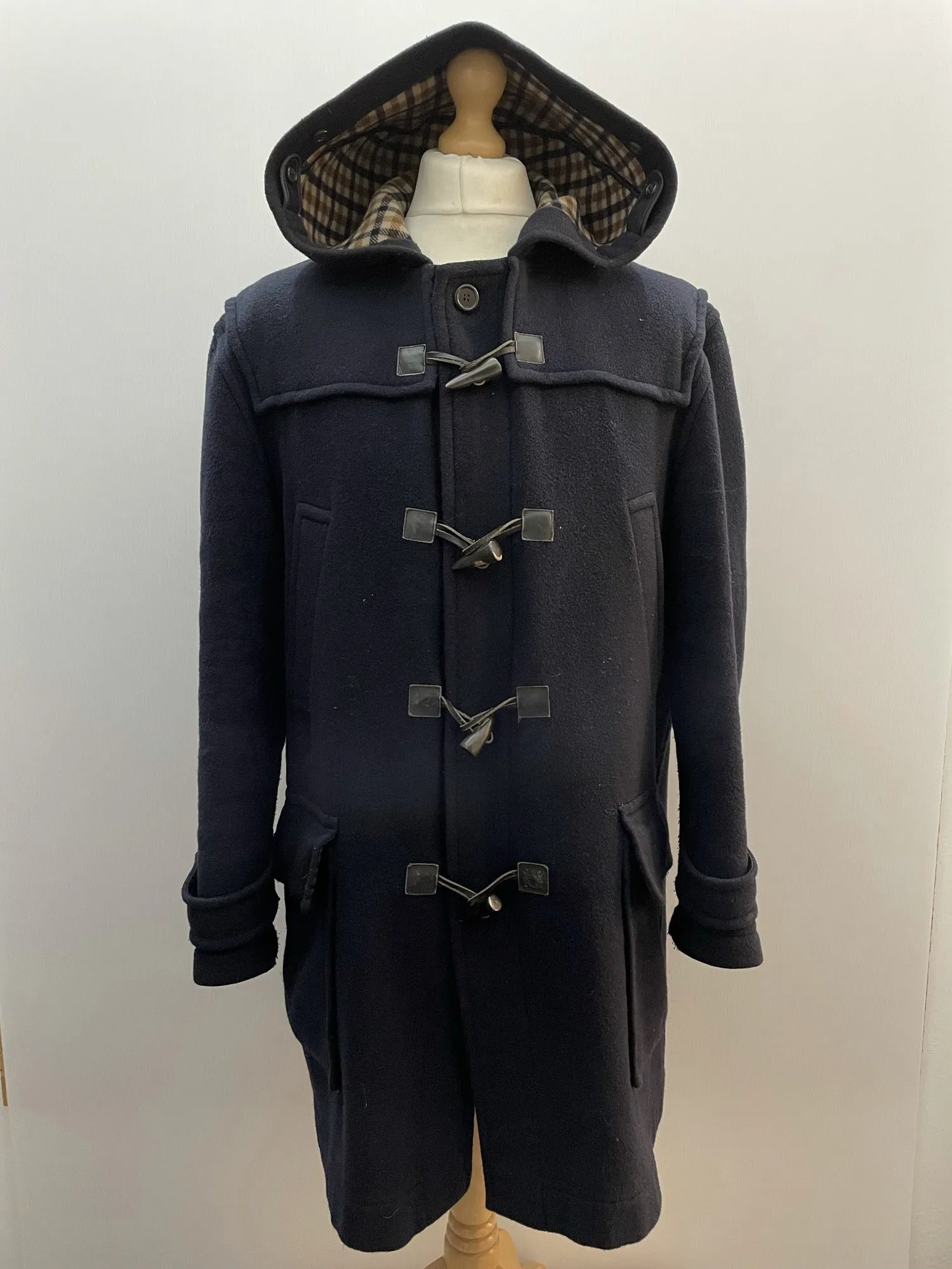 Mens Aquascutum Navy Wool Hooded Duffle Coat - Large