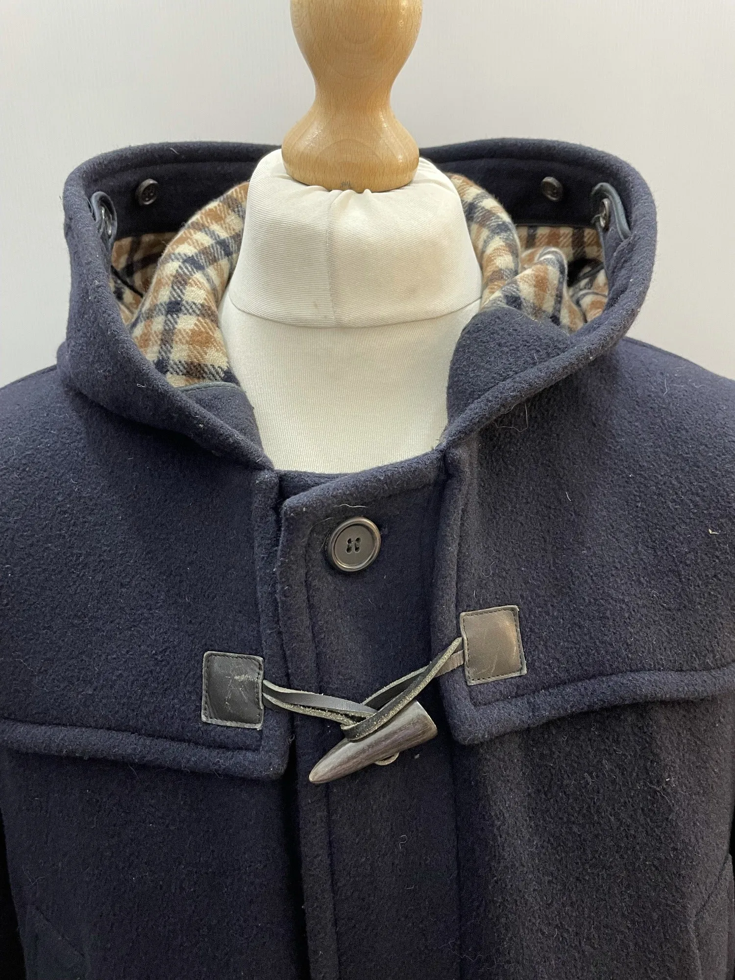 Mens Aquascutum Navy Wool Hooded Duffle Coat - Large