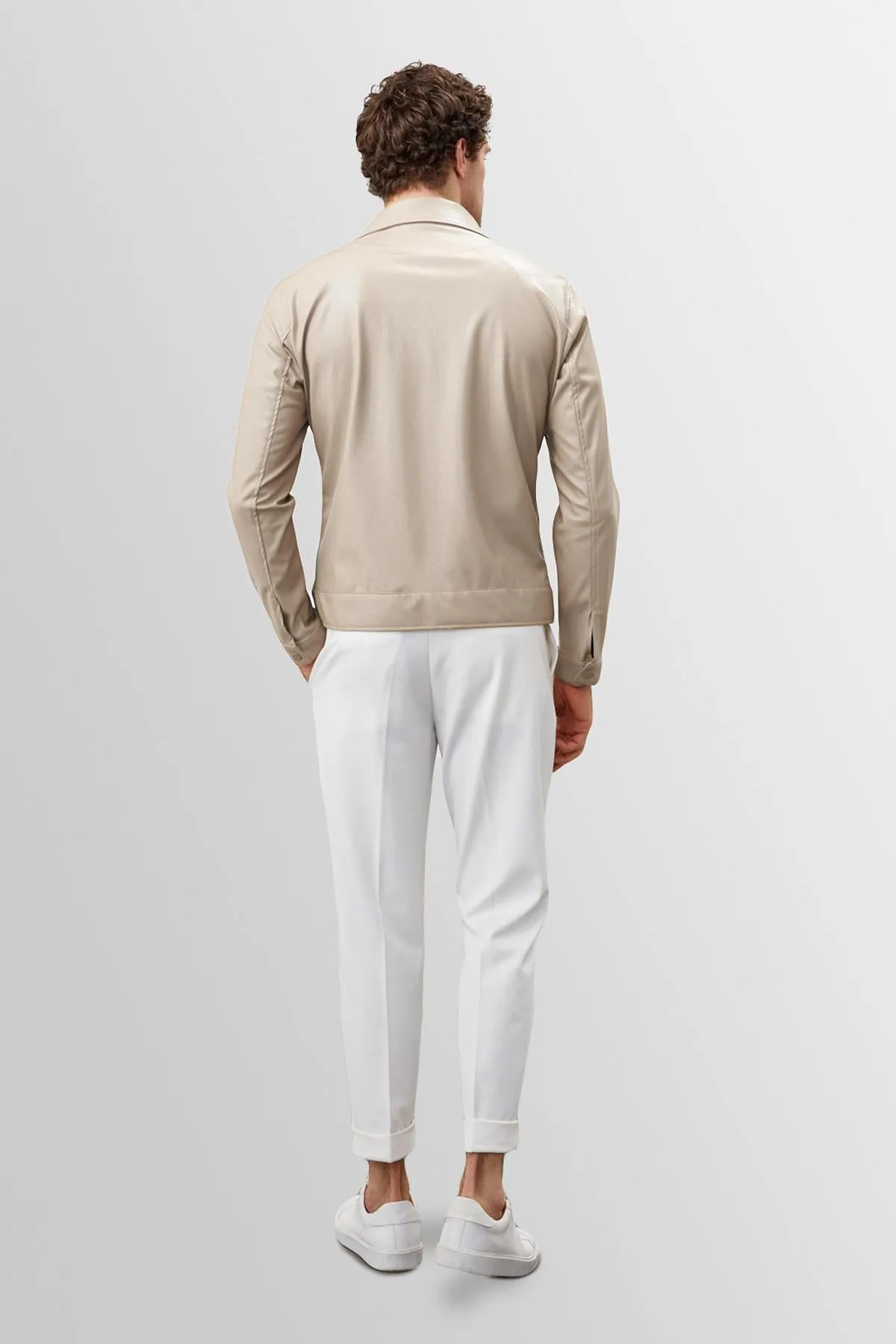 Men's Beige Zippered Faux Leather Coat - Wessi
