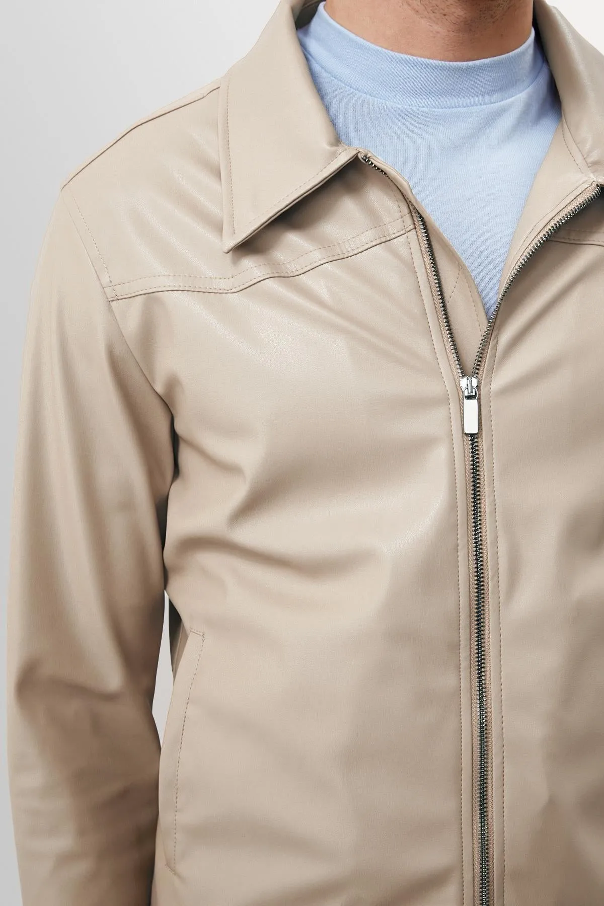 Men's Beige Zippered Faux Leather Coat - Wessi