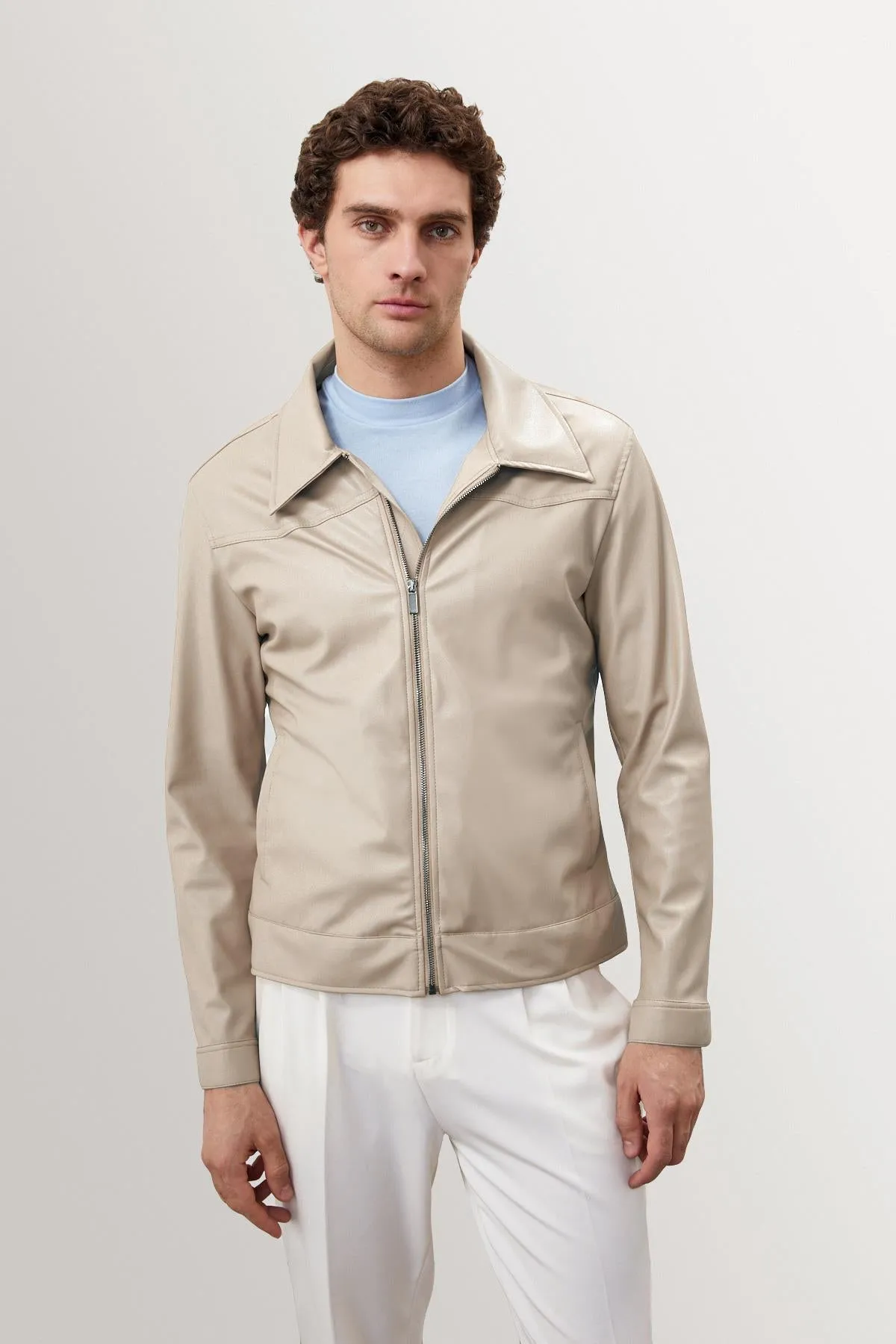Men's Beige Zippered Faux Leather Coat - Wessi