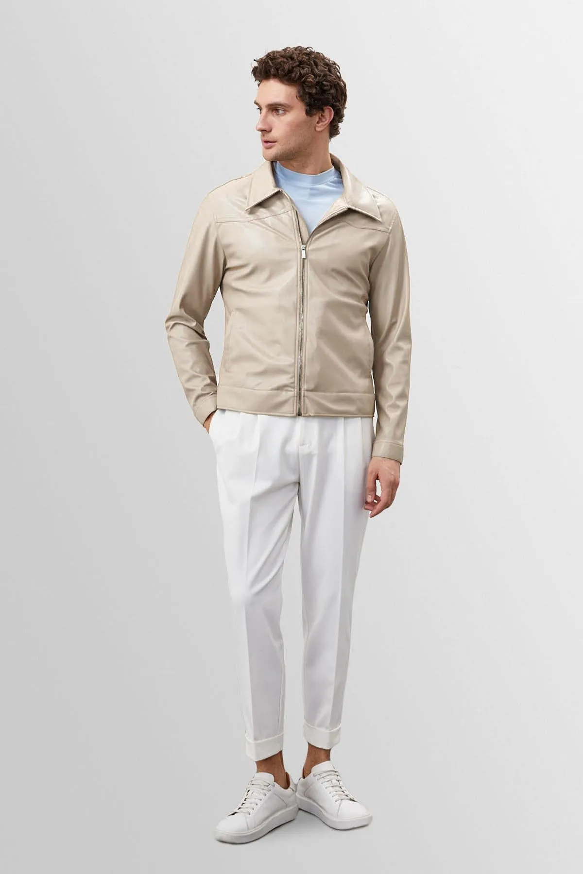 Men's Beige Zippered Faux Leather Coat - Wessi