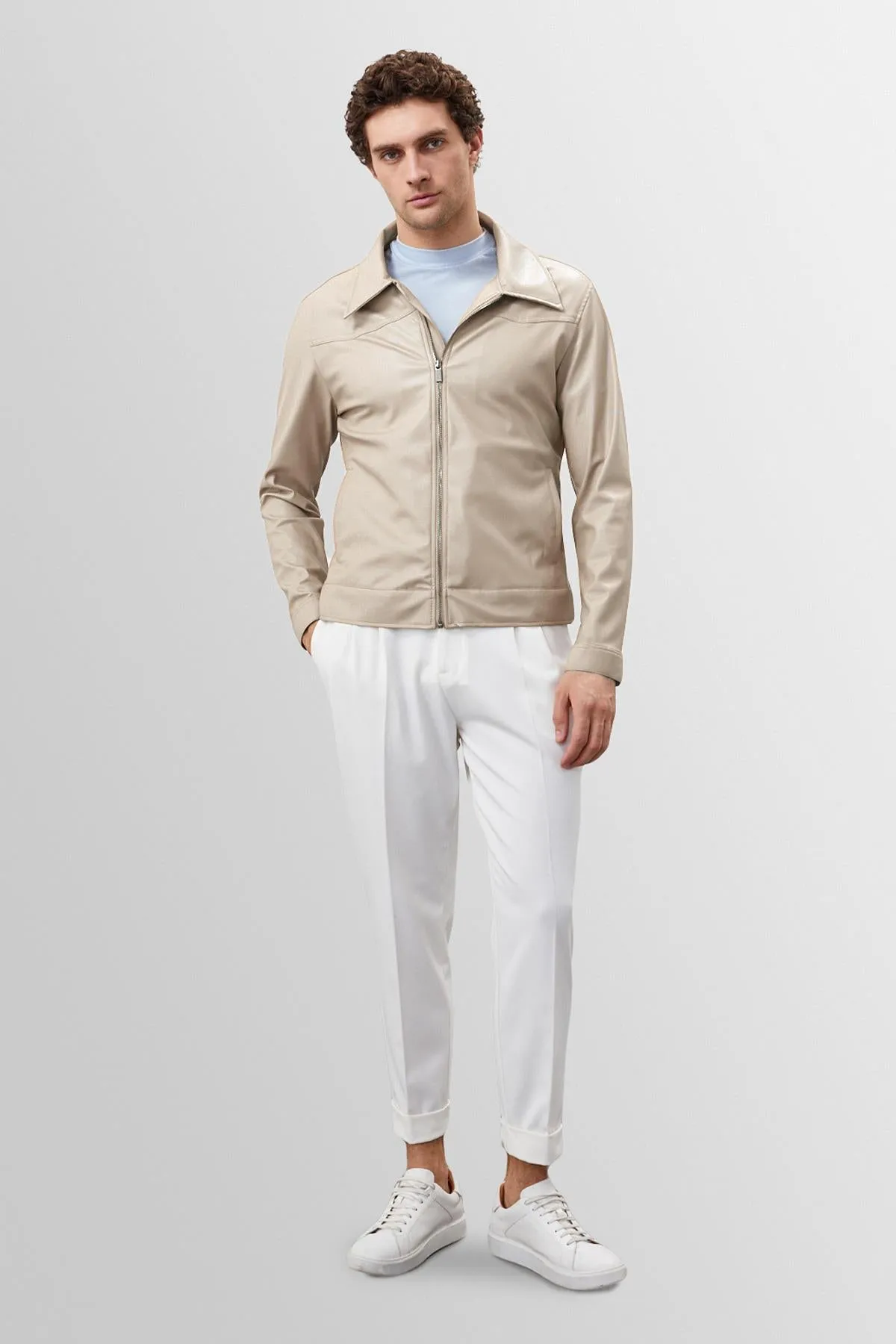 Men's Beige Zippered Faux Leather Coat - Wessi