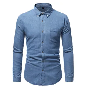 Men's Pocket Bleached Effect Turndown Collar Chambray Shirt