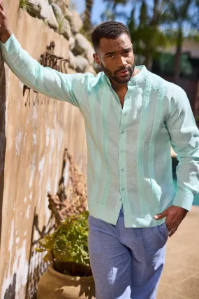 Mojito Men's 100% Linen Mandarin Collar Guayabera Chacabana Shirt Long Sleeve with Embroidery Trim Accent