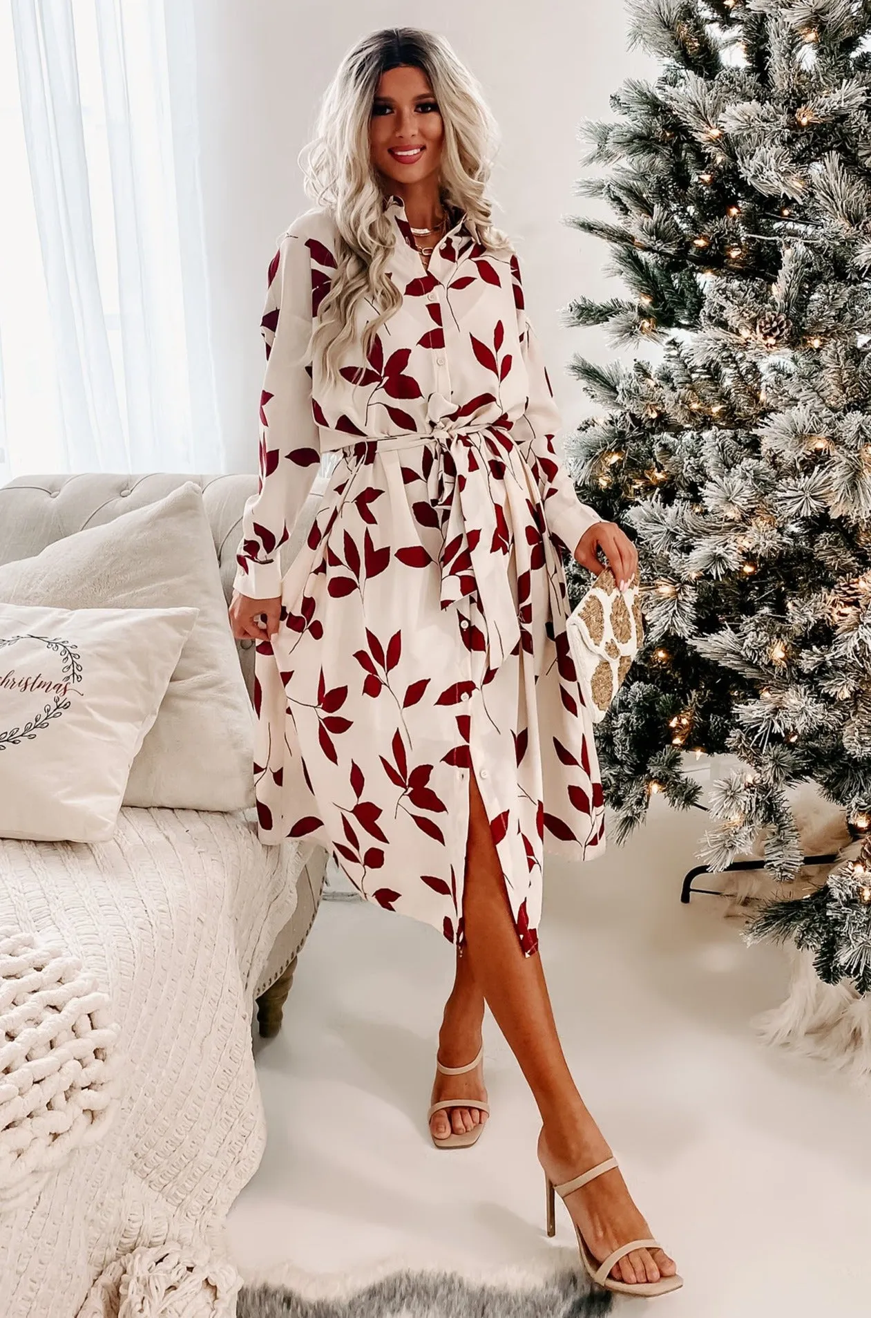 Mood Booster Leaf Print Midi Dress (Cream/Wine)