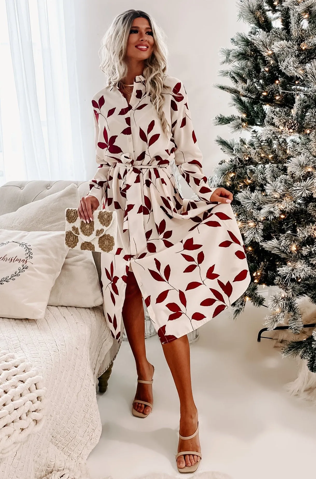 Mood Booster Leaf Print Midi Dress (Cream/Wine)