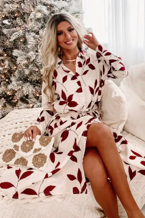 Mood Booster Leaf Print Midi Dress (Cream/Wine)