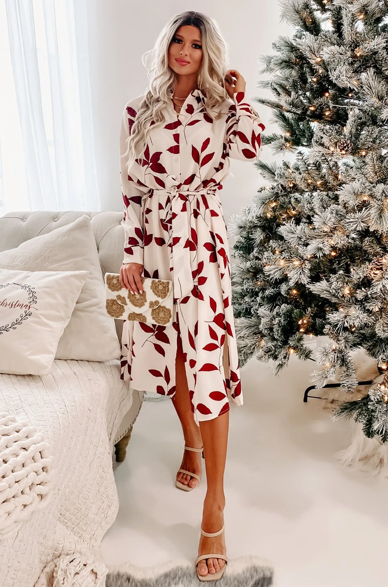 Mood Booster Leaf Print Midi Dress (Cream/Wine)