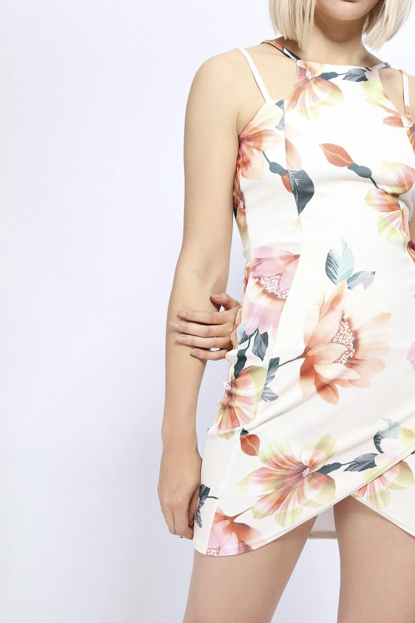 Multi Floral Print Strappy Bodycon Dress