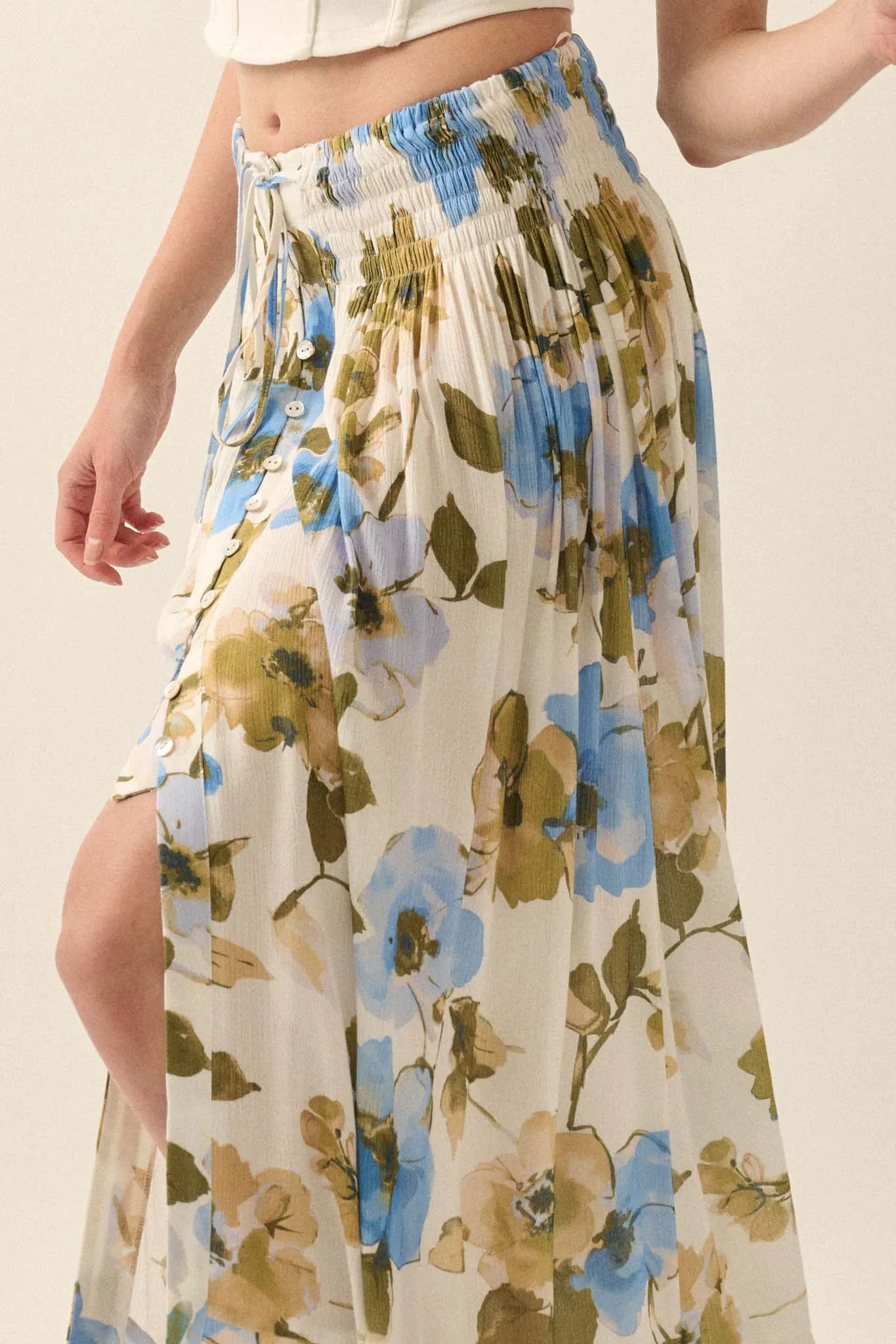 New Growth Floral Crepe Button-Front Maxi Skirt