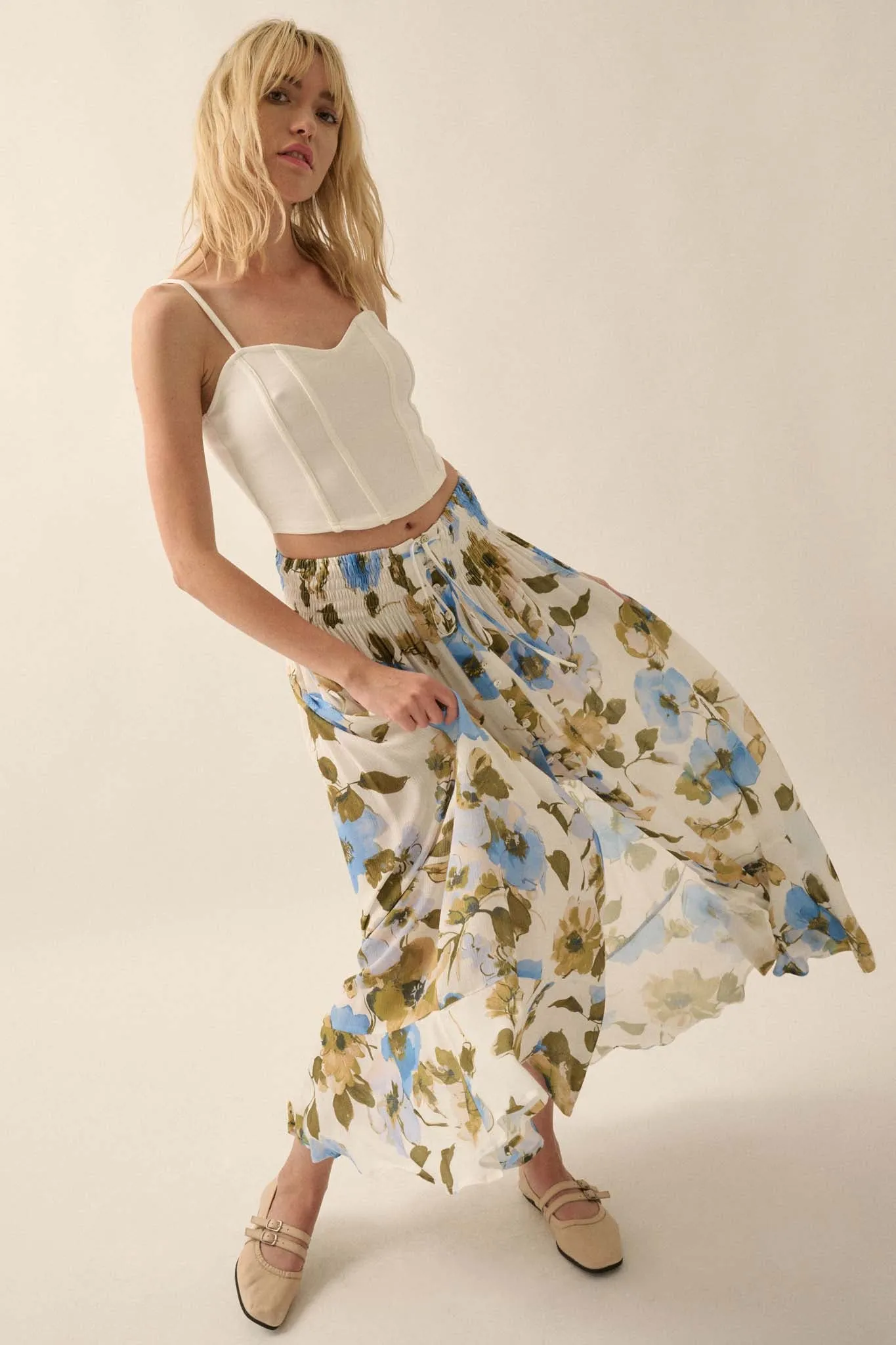 New Growth Floral Crepe Button-Front Maxi Skirt