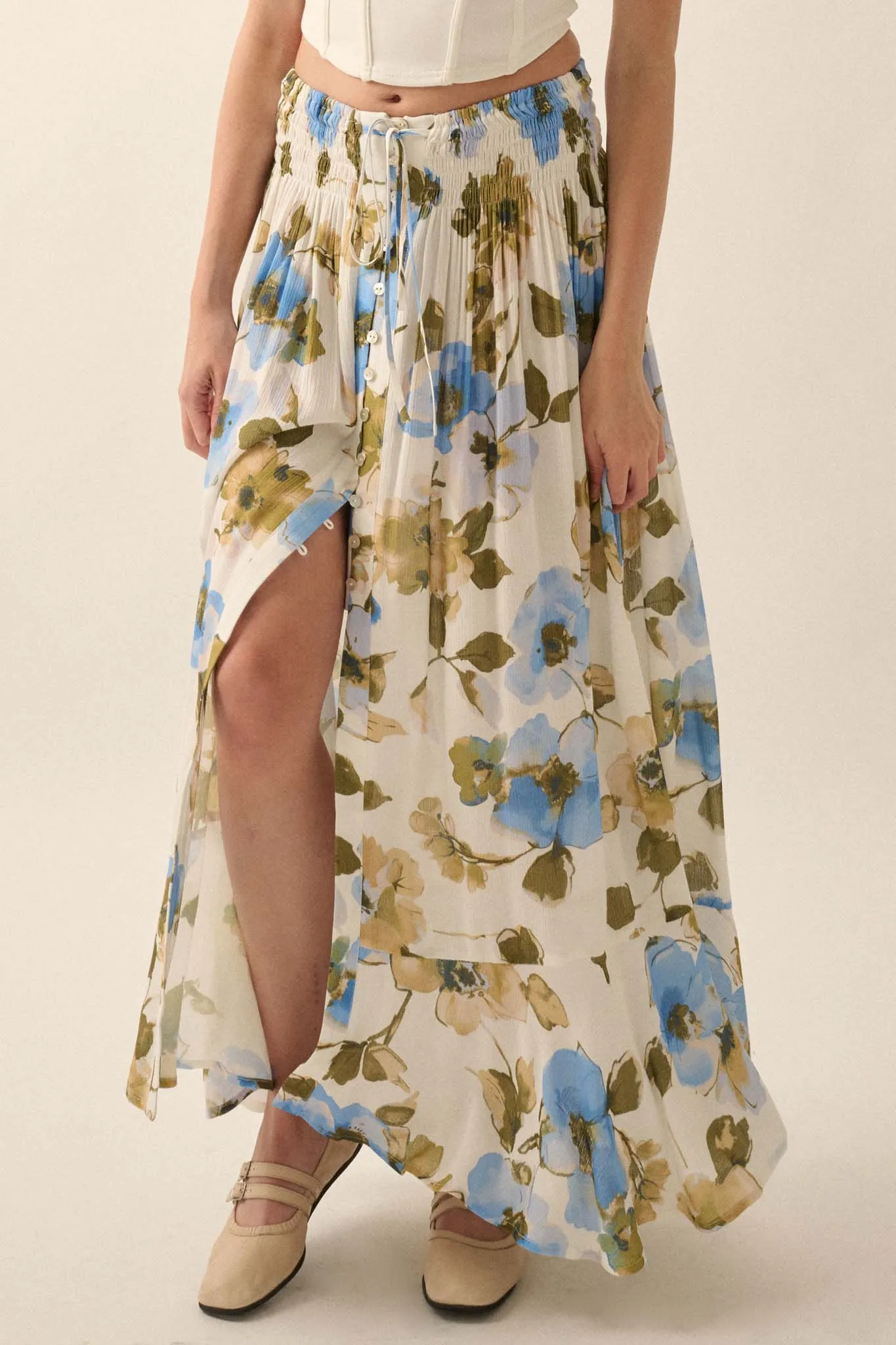 New Growth Floral Crepe Button-Front Maxi Skirt