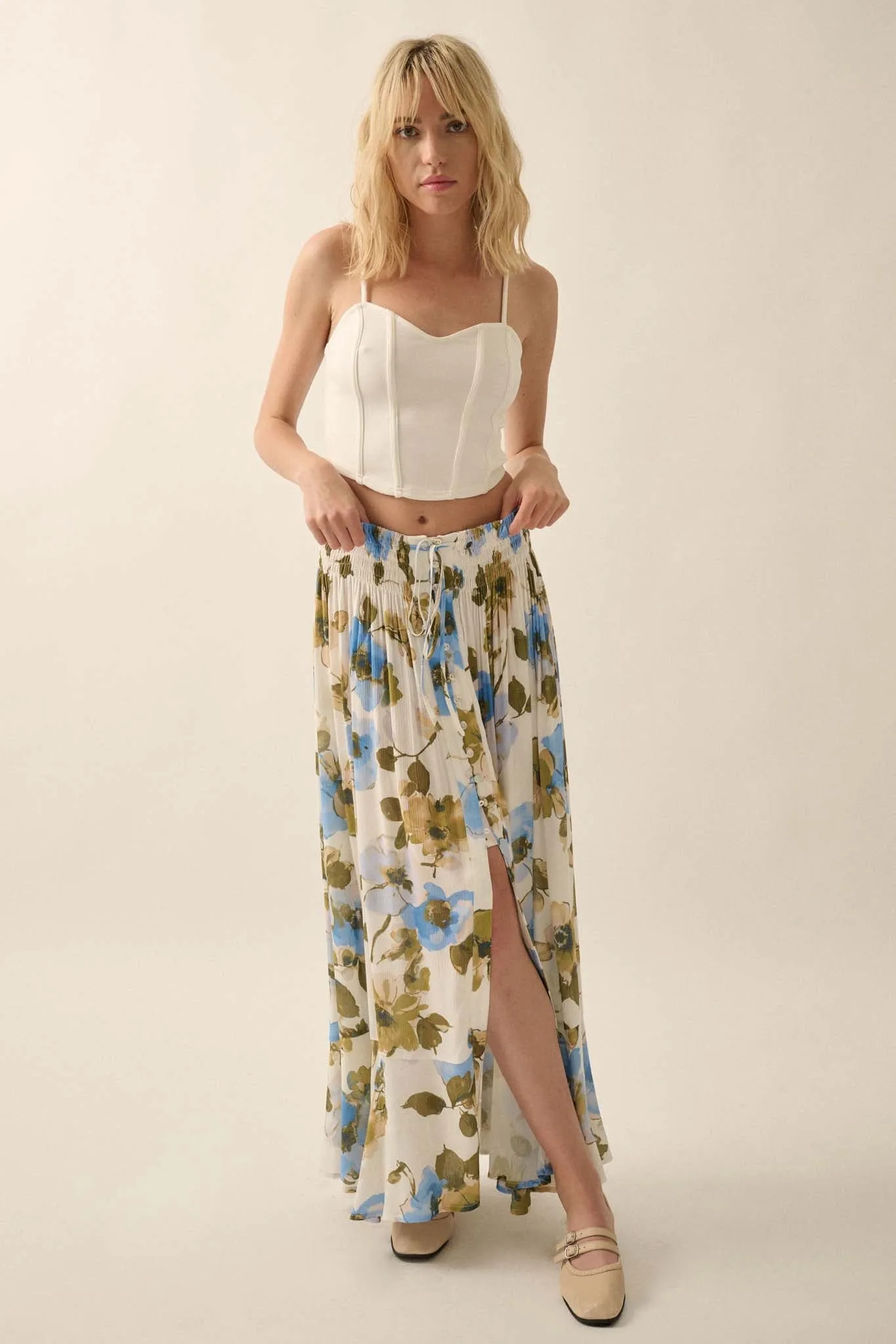 New Growth Floral Crepe Button-Front Maxi Skirt