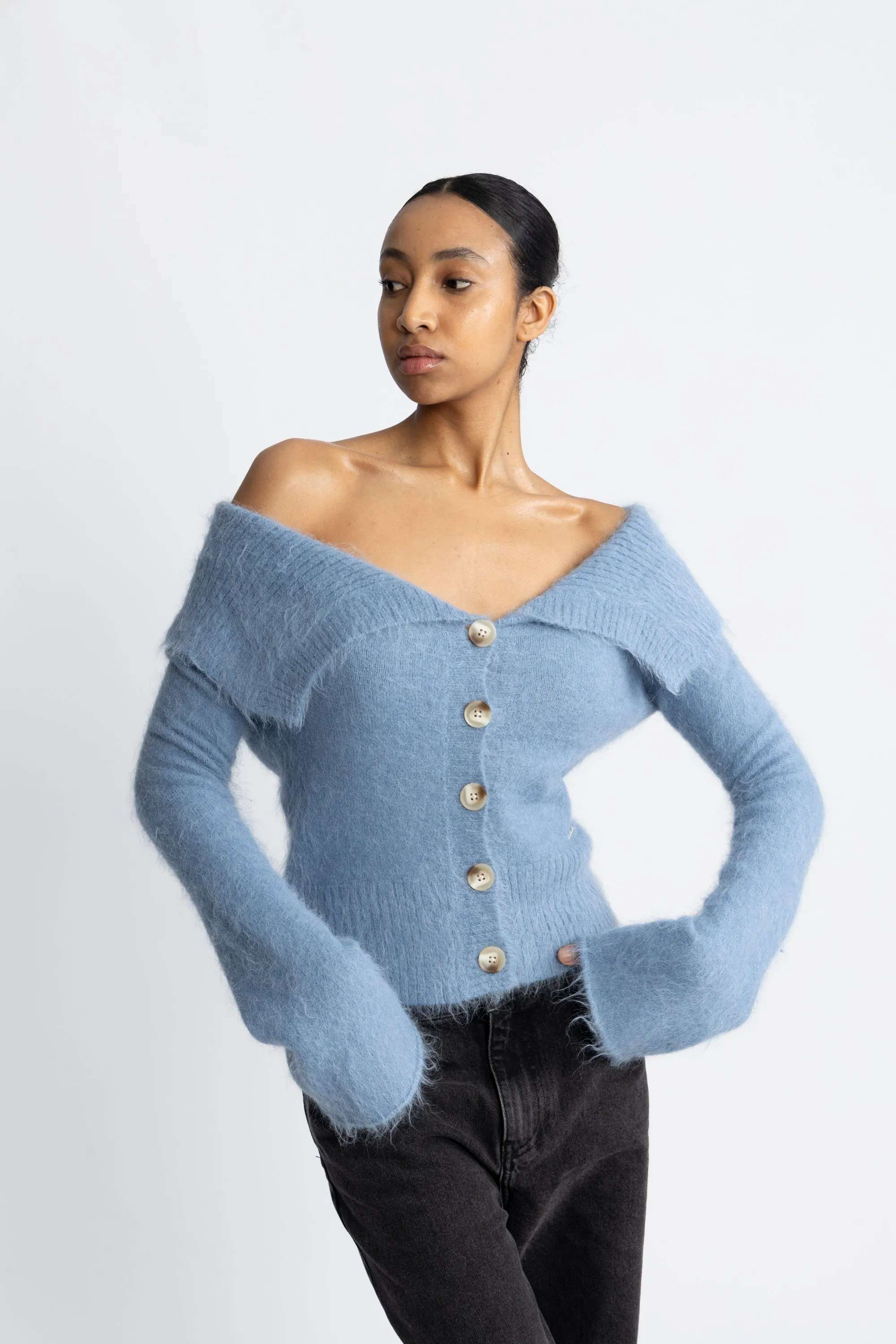 Off Shoulder Cardigan - Blue