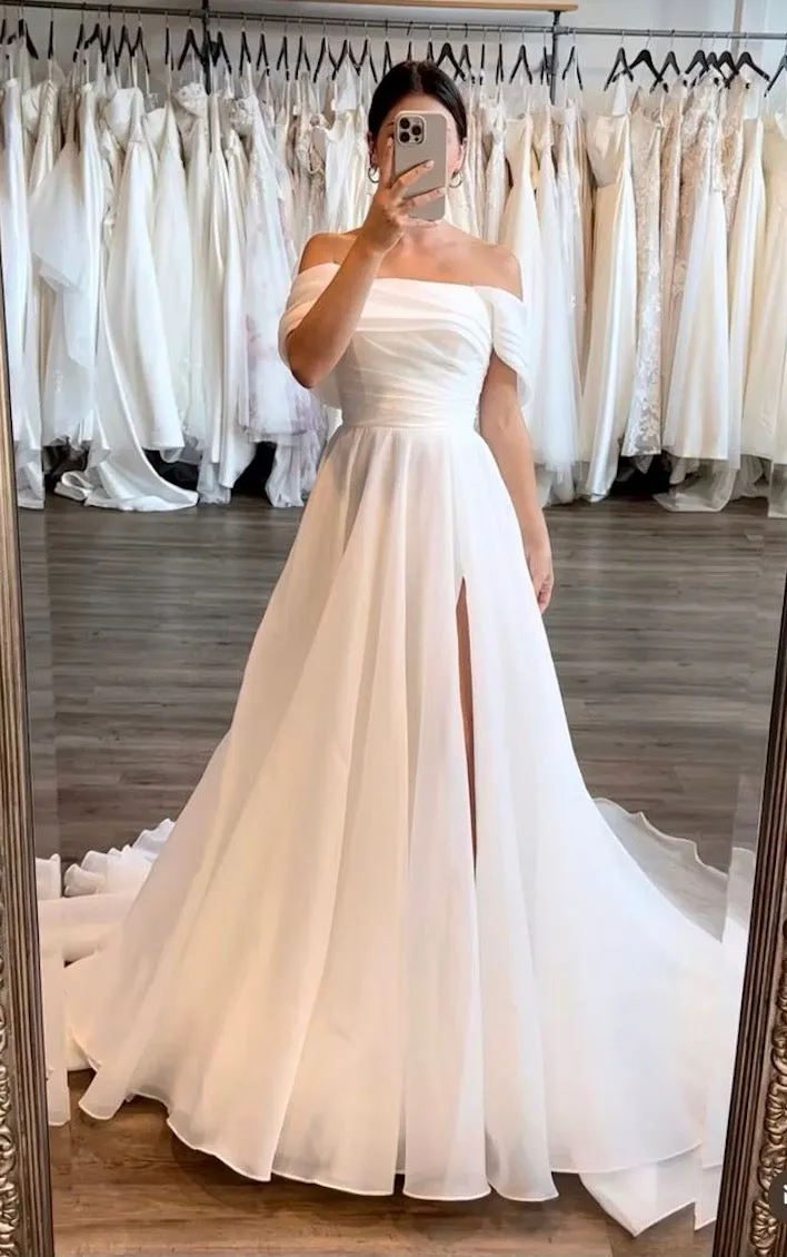 Off Shoulder Sleeve Sexy Slit Wedding Dress