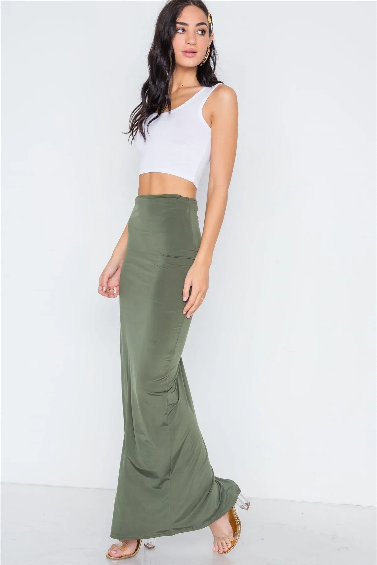 Olive Side Slit Bodycon Maxi Skirt /2-2-1
