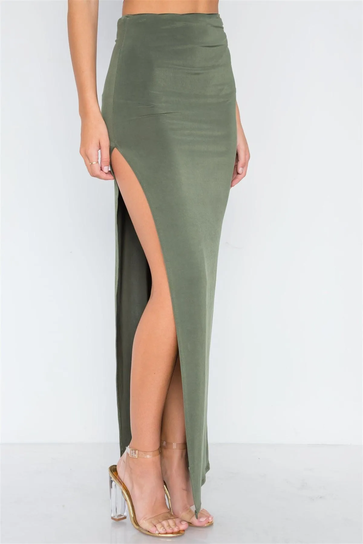 Olive Side Slit Bodycon Maxi Skirt /2-2-1