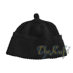 One-Size Black Thick-Weave Stretchy Double Layer Warm Cotton-Acrylic Beanie Hat With Pompom
