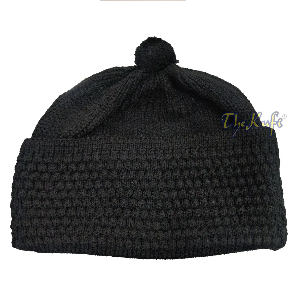 One-Size Black Thick-Weave Stretchy Double Layer Warm Cotton-Acrylic Beanie Hat With Pompom