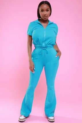 One Time Short Sleeve Flare Leg Pants Set - Aqua Blue