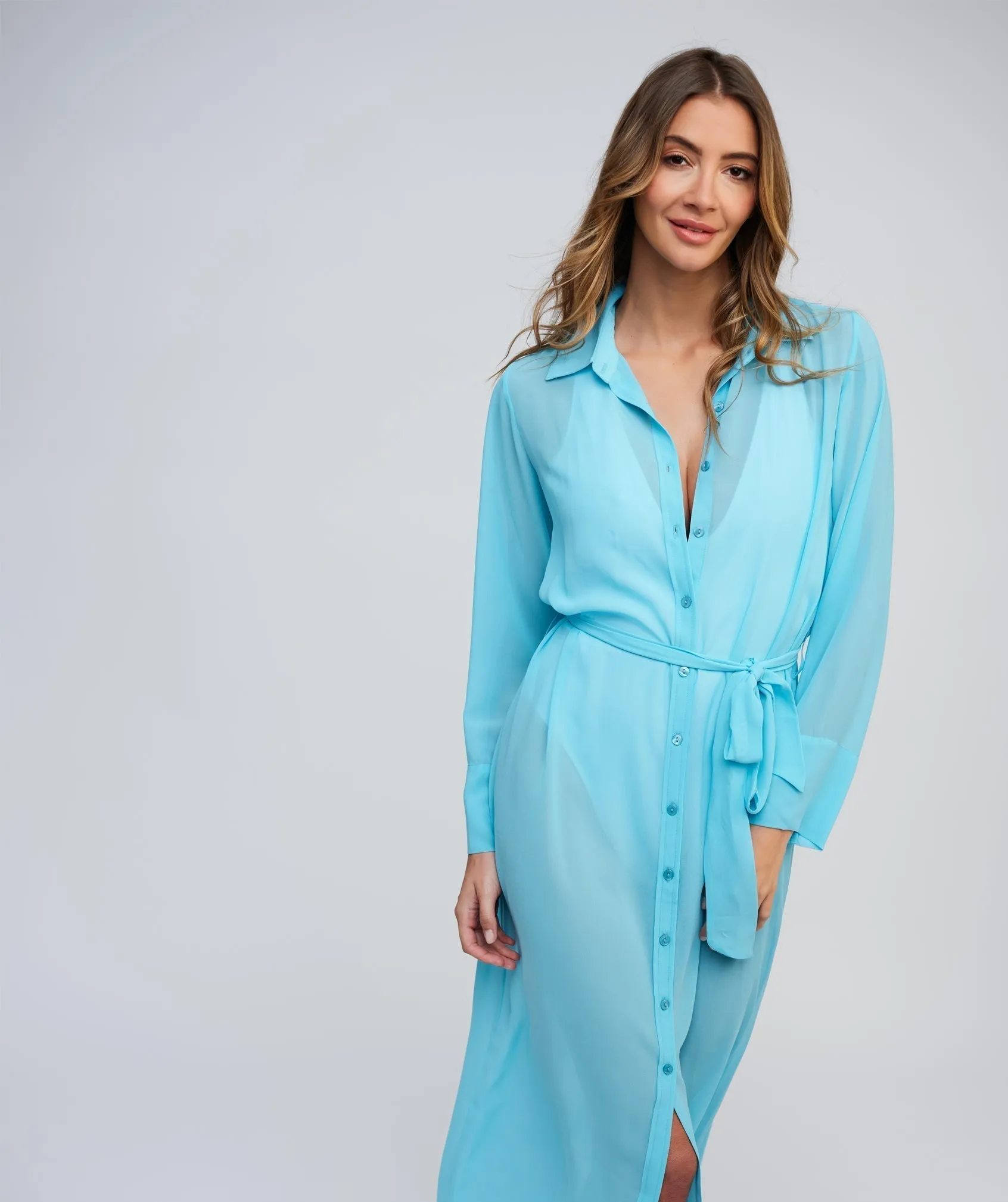 Pale Turquoise Sheer Maxi Shirt Dress