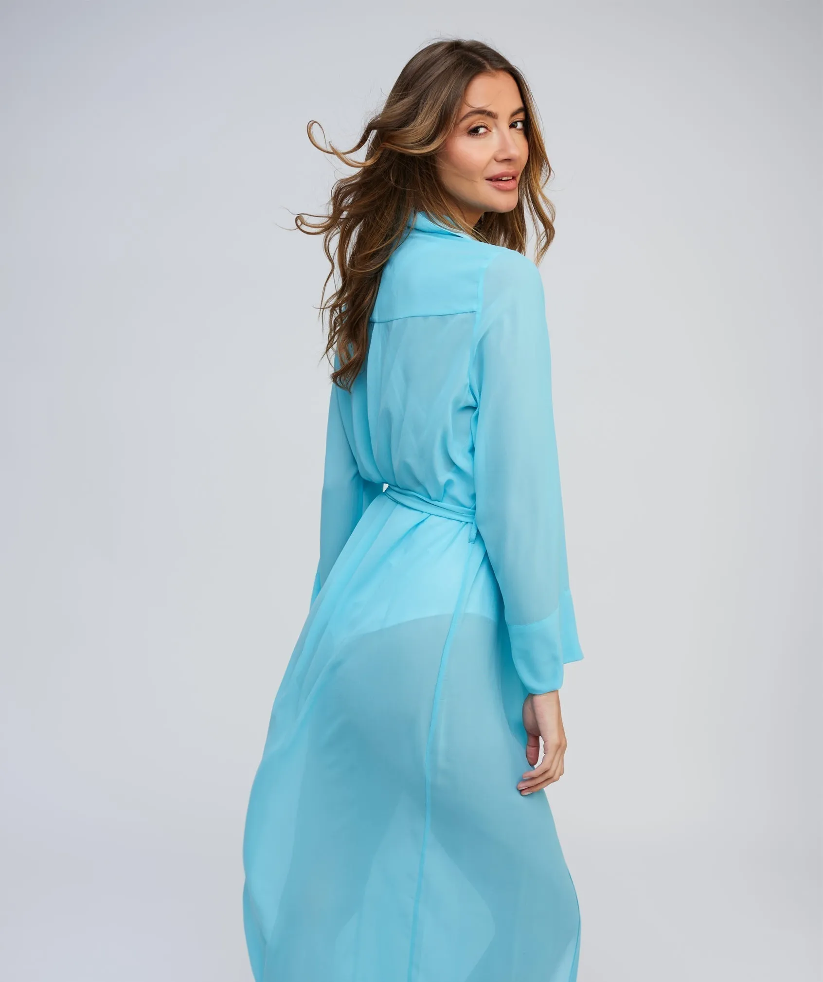 Pale Turquoise Sheer Maxi Shirt Dress