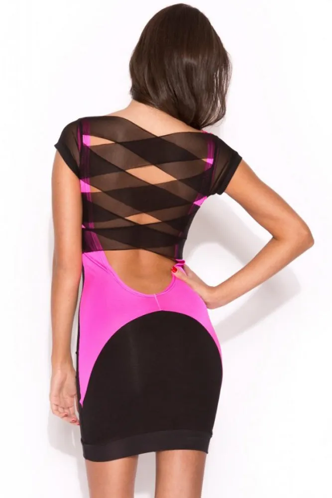 Pink Black Mesh Lattice Strap Back Bodycon Dress