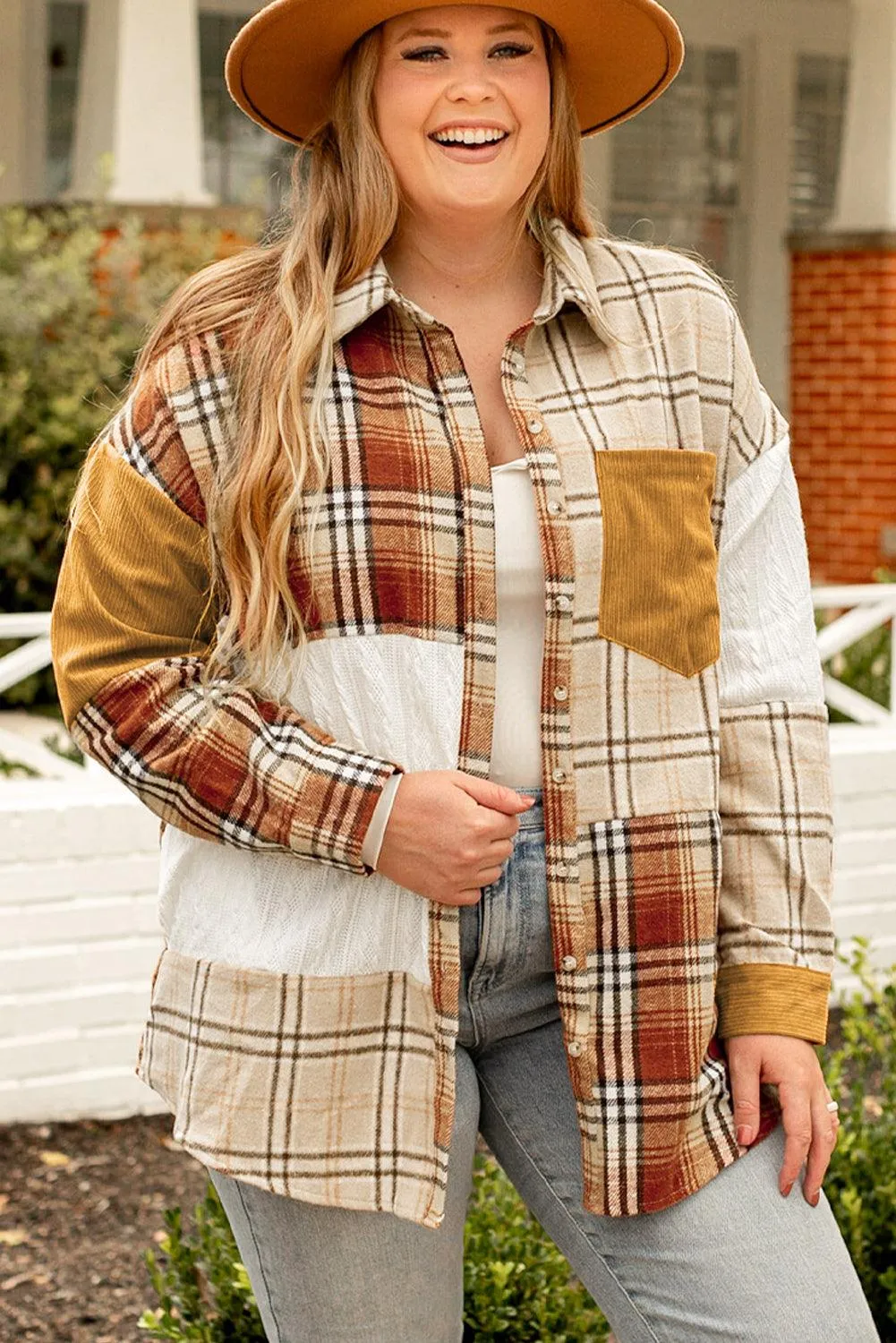 Pink Plaid Color Block Patchwork Shirt Jacket with Pocket