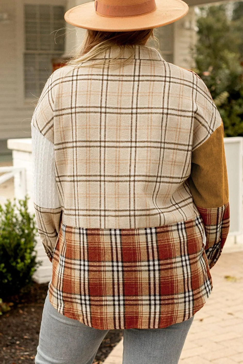 Pink Plaid Color Block Patchwork Shirt Jacket with Pocket