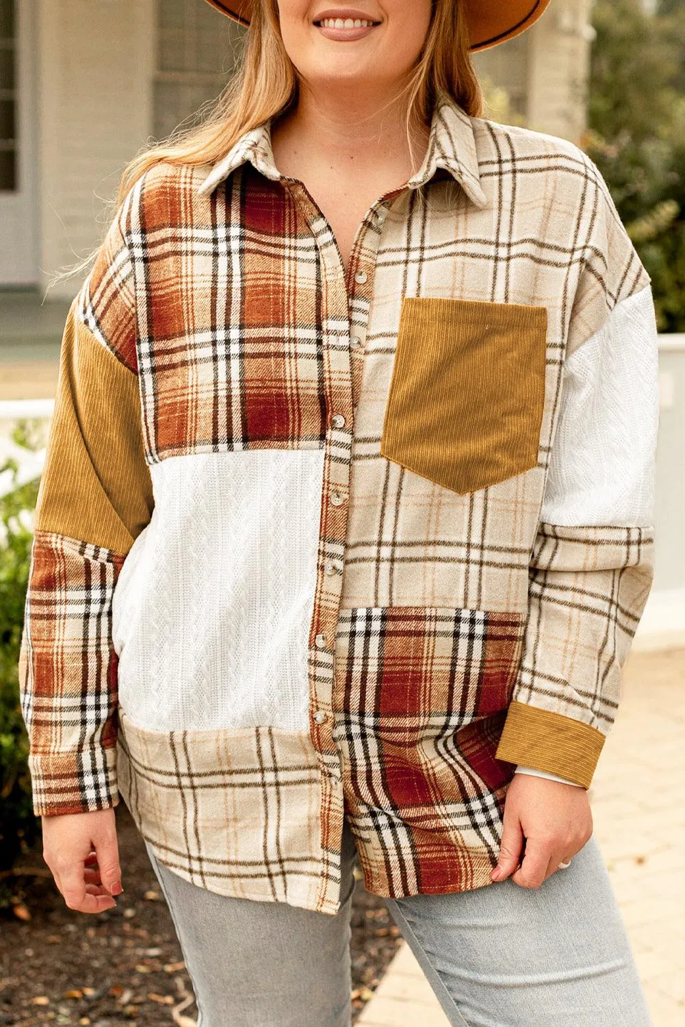 Pink Plaid Color Block Patchwork Shirt Jacket with Pocket