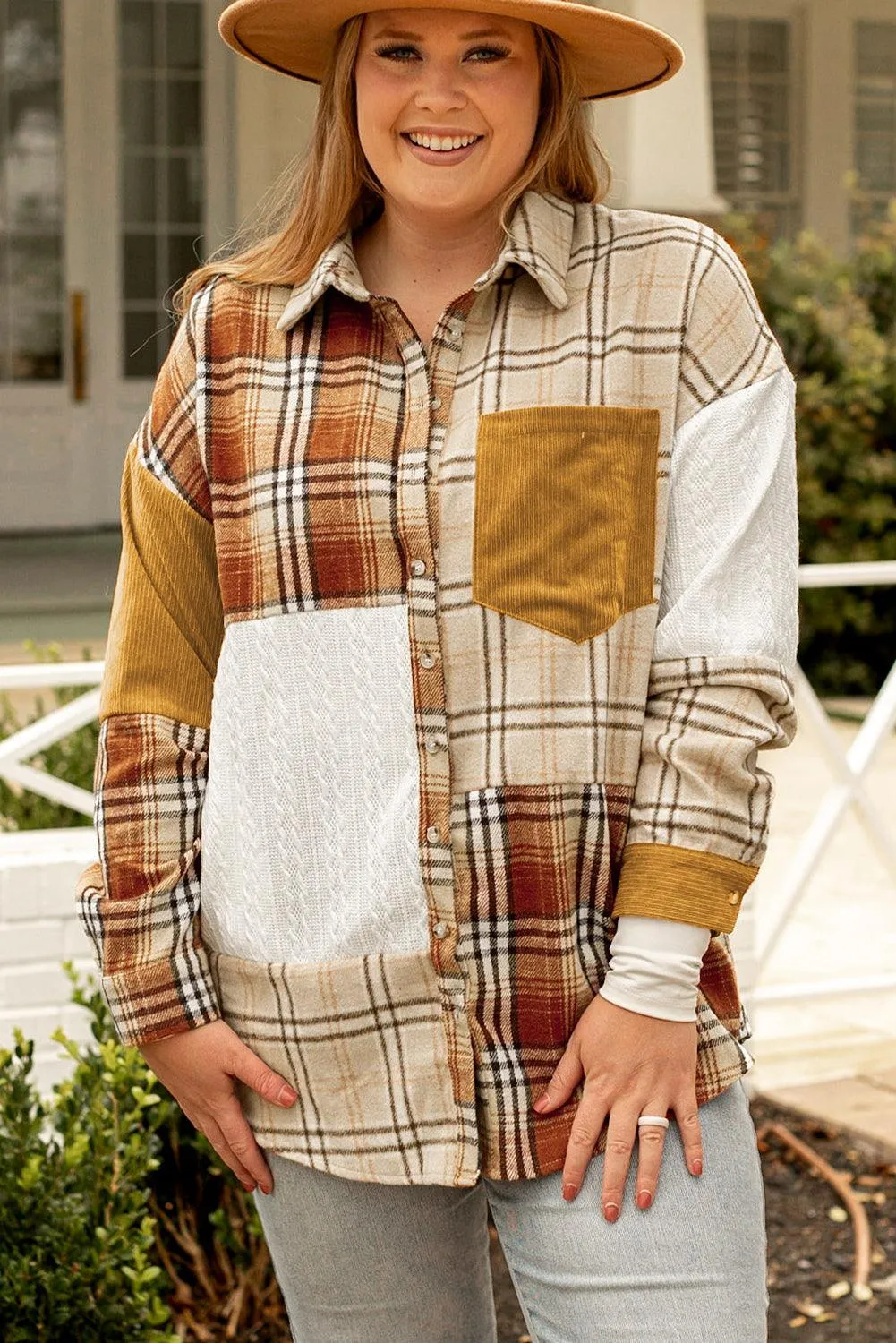 Pink Plaid Color Block Patchwork Shirt Jacket with Pocket