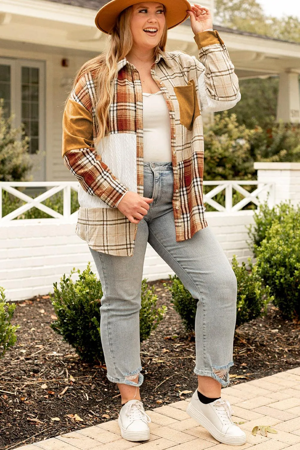 Pink Plaid Color Block Patchwork Shirt Jacket with Pocket