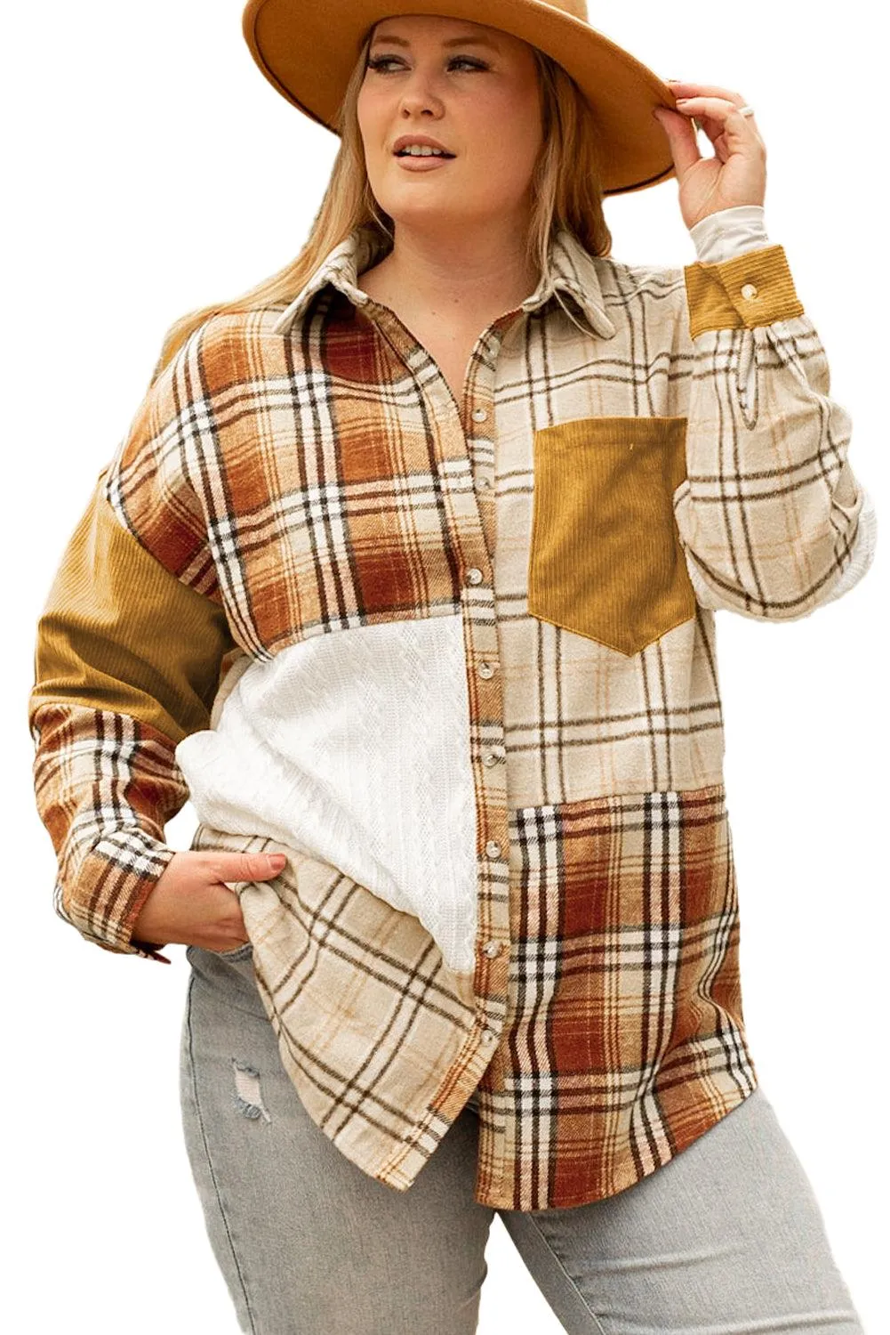 Pink Plaid Color Block Patchwork Shirt Jacket with Pocket