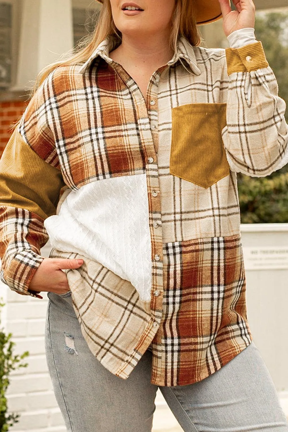 Pink Plaid Color Block Patchwork Shirt Jacket with Pocket