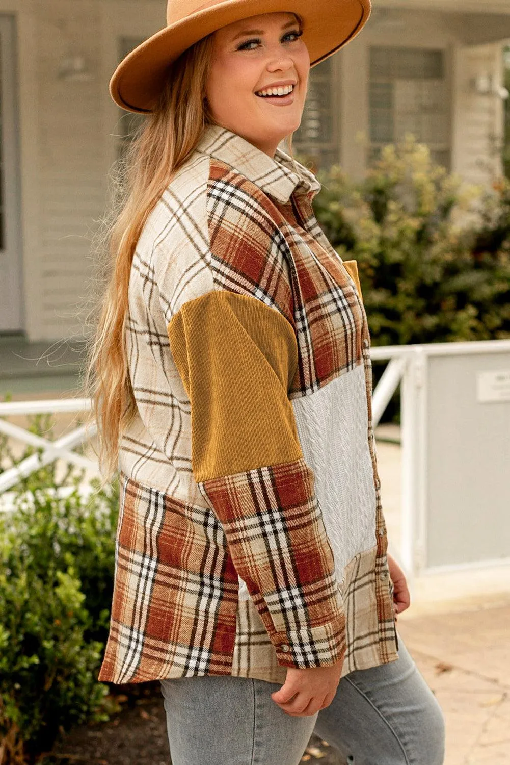 Pink Plaid Color Block Patchwork Shirt Jacket with Pocket