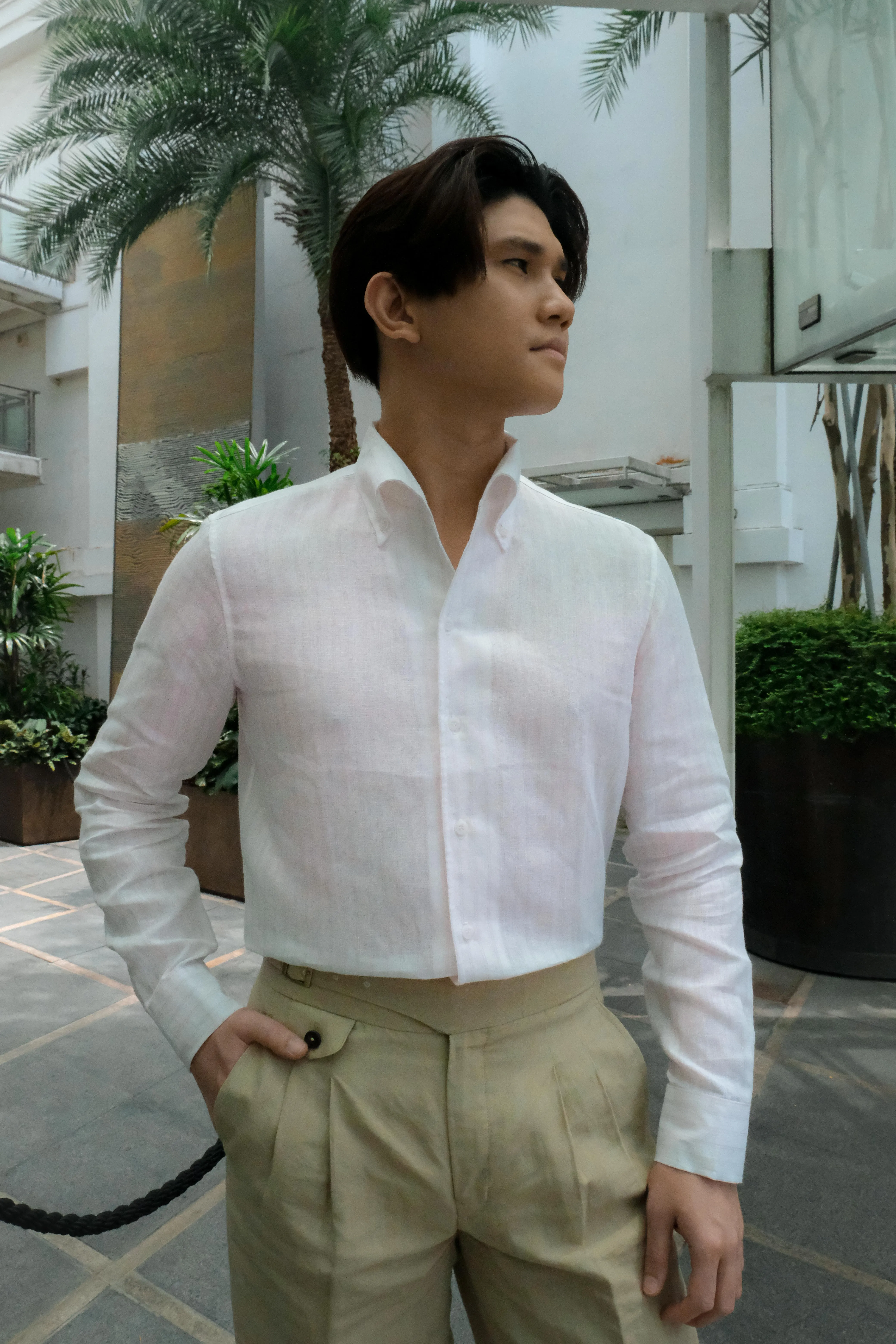 Pink Stripes Linen One Piece Collar Men Shirt