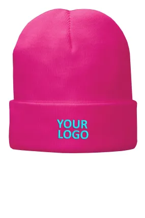 Port & Company Fleece Lined Customized Knit Caps, Neon Pink Glo