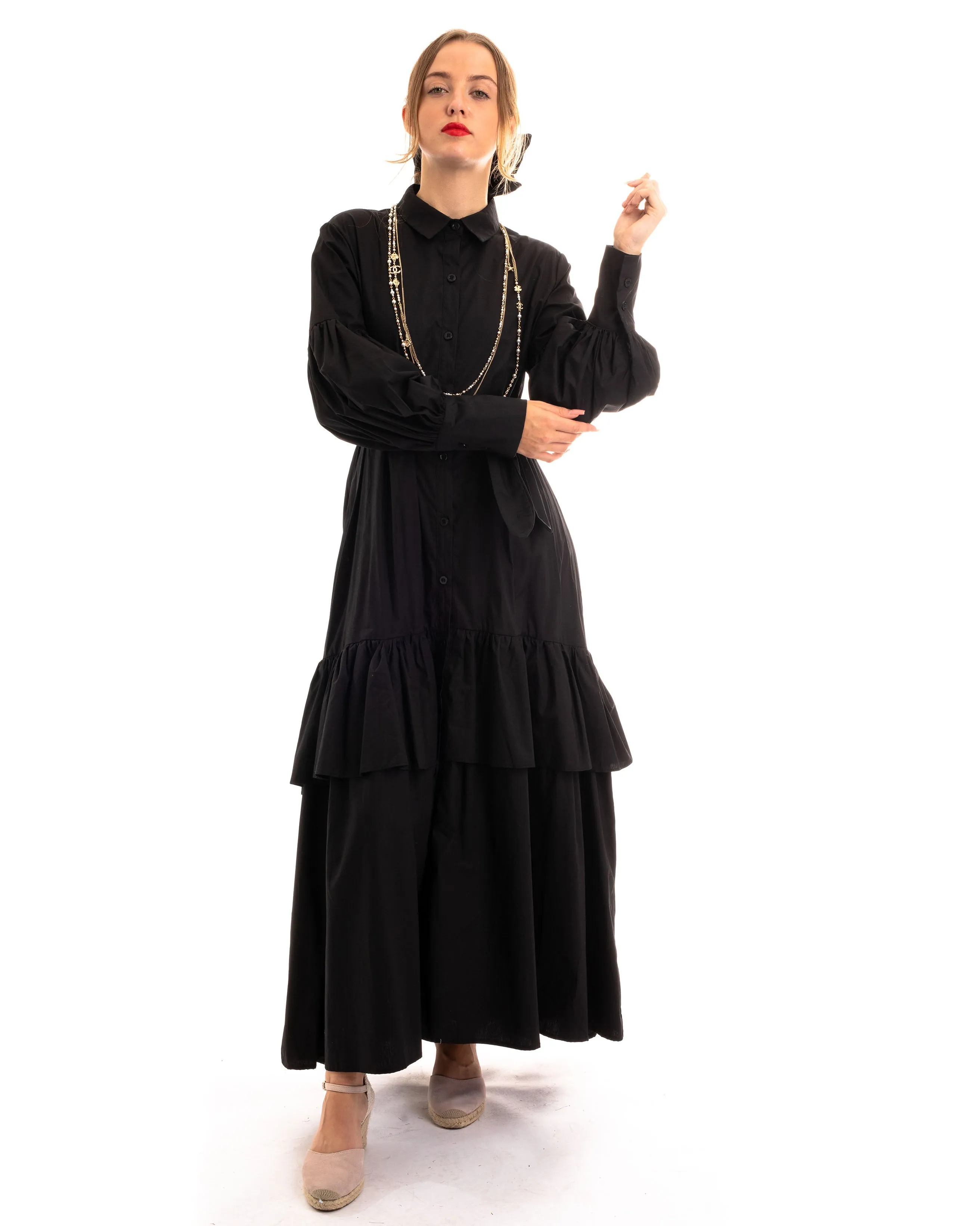 Puff sleeve shirt dress with tiered hem skirt in black