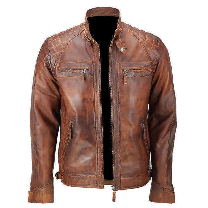 Quilted Distressed Brown Vintage Motorcycle Leather Jacket