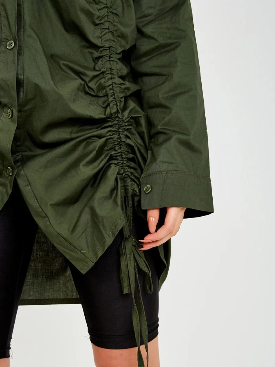 Rachelle Drawstring Ruched Buttoned Shirt Dress In Olive