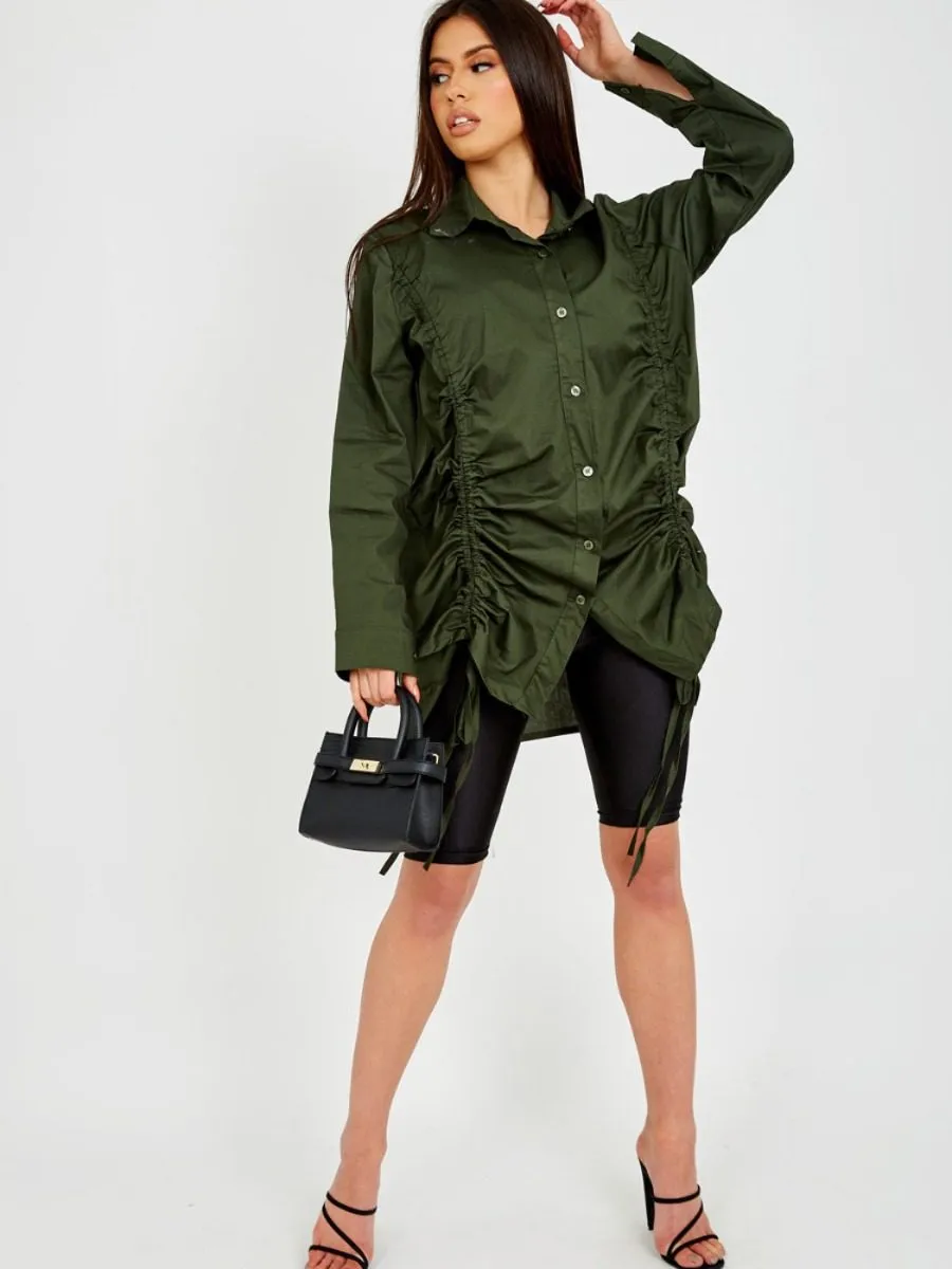 Rachelle Drawstring Ruched Buttoned Shirt Dress In Olive