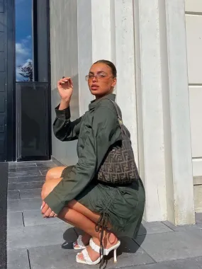 Rachelle Drawstring Ruched Buttoned Shirt Dress In Olive