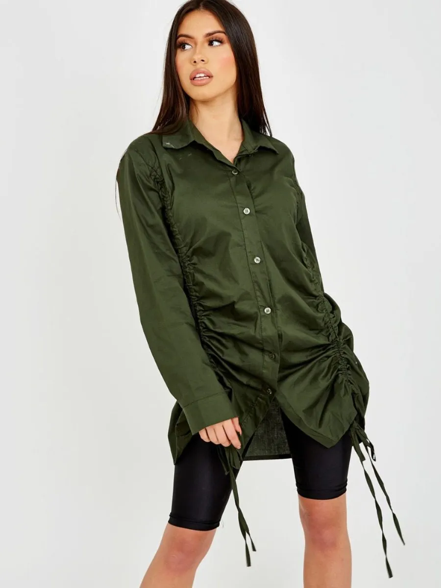 Rachelle Drawstring Ruched Buttoned Shirt Dress In Olive