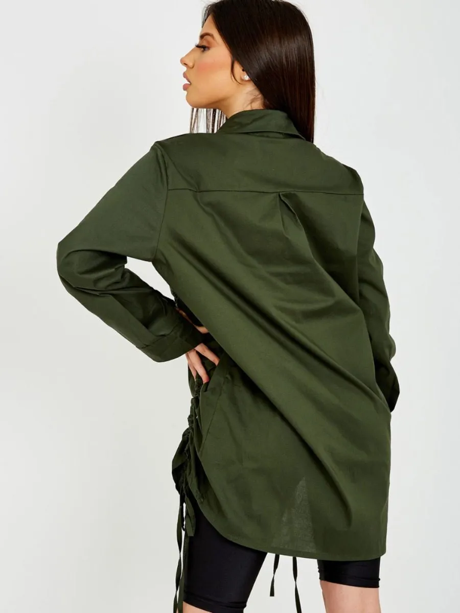 Rachelle Drawstring Ruched Buttoned Shirt Dress In Olive