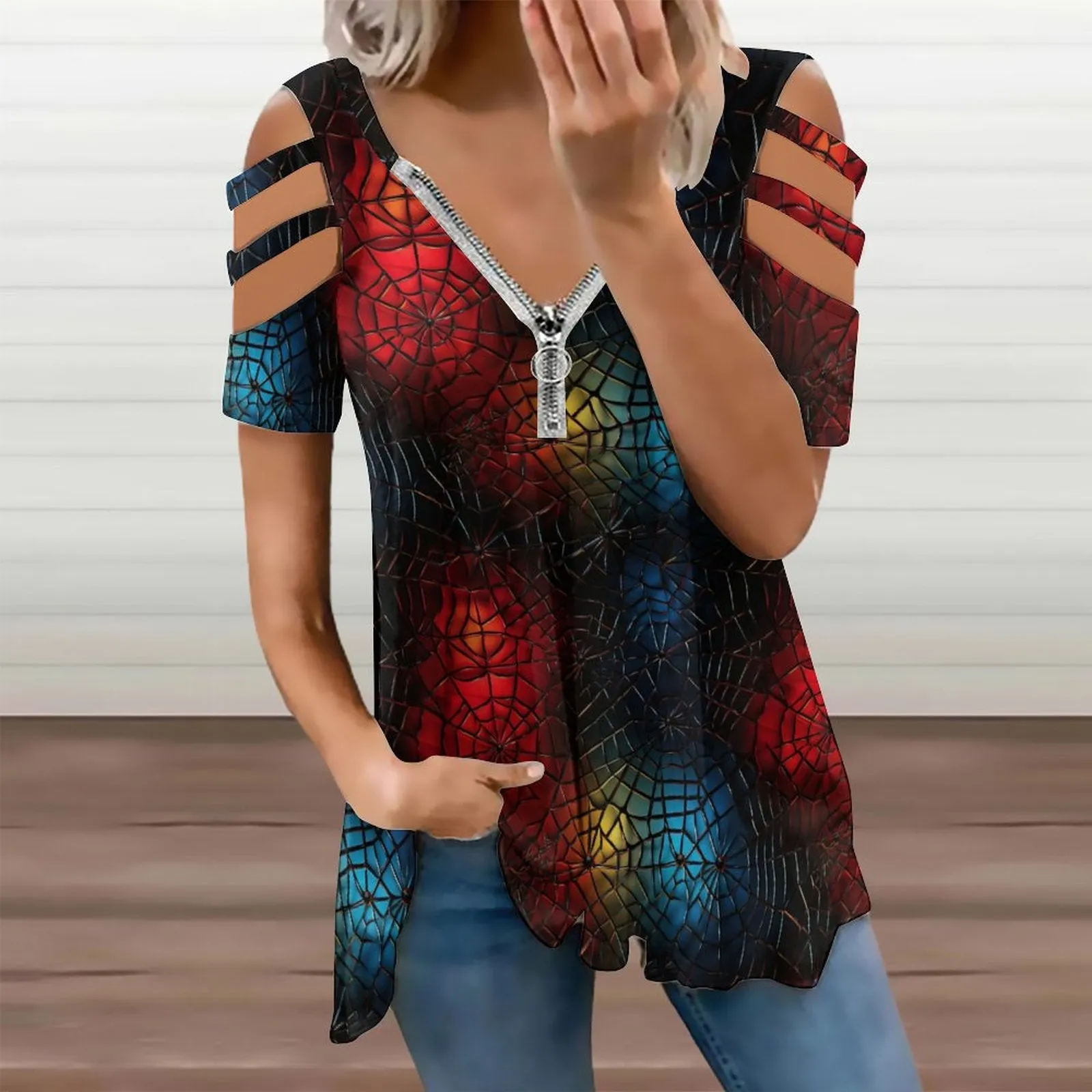 Rainbow Spider Webs Women's Zipper T-Shirts, cold shoulder shirt