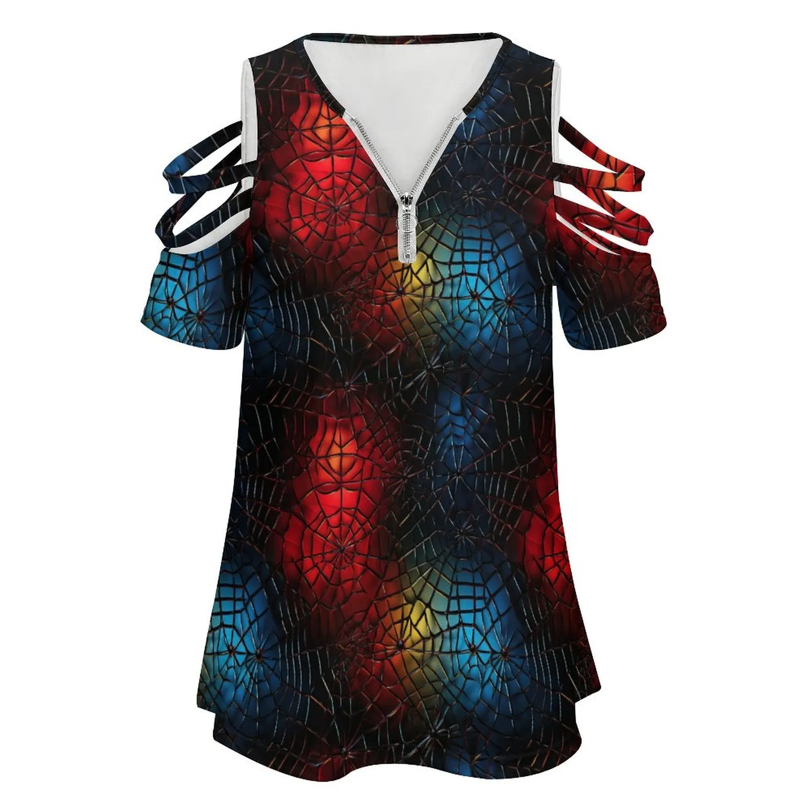Rainbow Spider Webs Women's Zipper T-Shirts, cold shoulder shirt