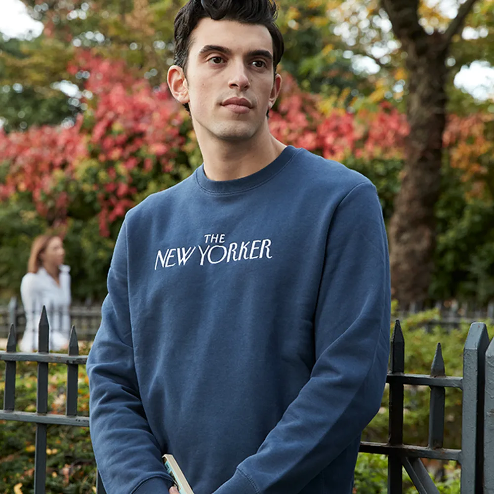 Rea Irvin’s Embroidered Crewneck Sweatshirt in Navy