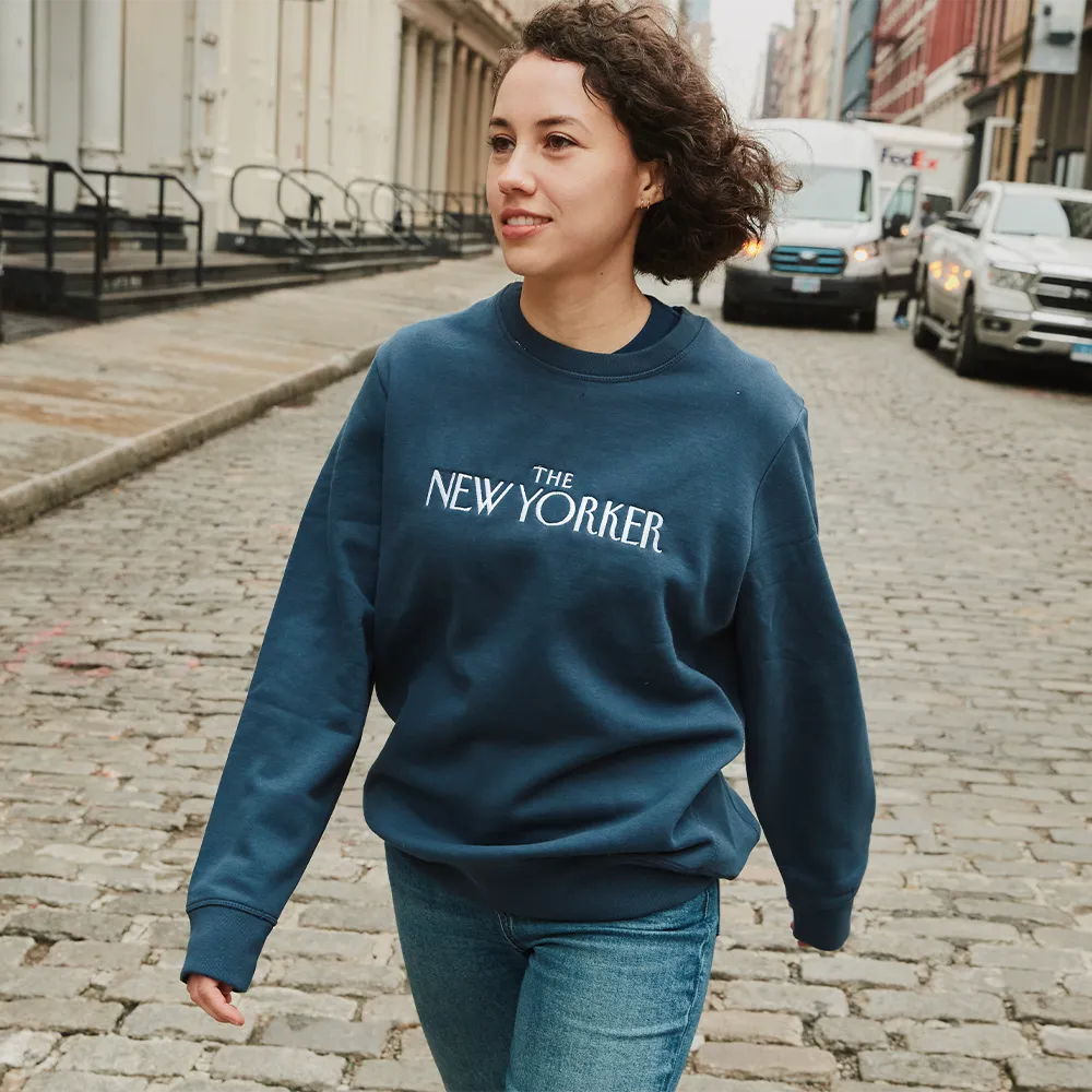 Rea Irvin’s Embroidered Crewneck Sweatshirt in Navy